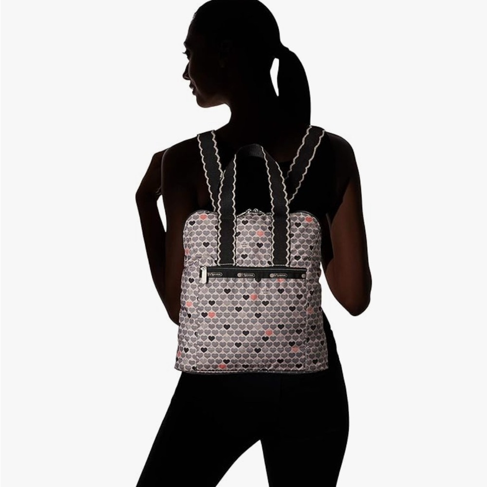 LeSportsac Heart Pattern Backpack - Black and Gray with red accents. - Picture 2 of 10